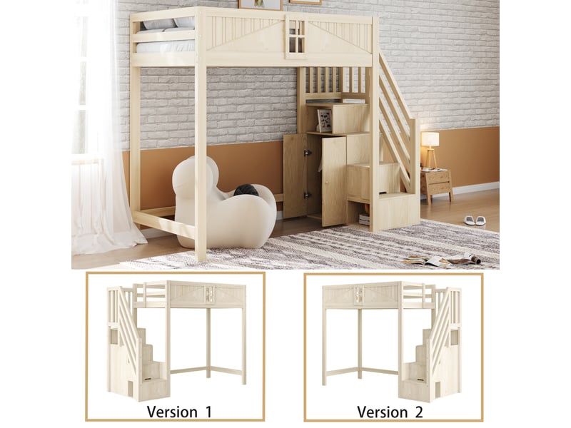  Lit mezzanine 200×90 cm avec rangements latéraux et échelle réversible, en bois, finition bois naturel  - Conforama E