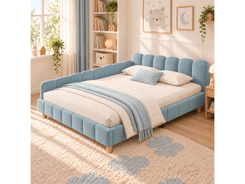 Lit enfant rembourré 140x200 cm en velours avec tête de lit, barrière de sécurité et pieds en bois massif, pour chambre d’enfant - bleu  - Conforama D