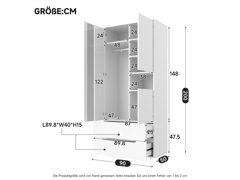  Armoire de chambre blanche avec led 90x50x200 cm 3 portes 2 tiroirs et penderie  - Conforama C