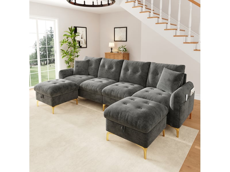 Canapé d'angle modulable 4 places en chenille gris avec 2 poufs de rangement - Conforama B