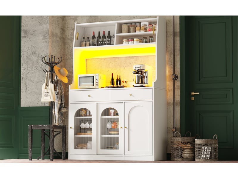  Buffet de cuisine blanc 120x180cm, meuble haut avec portes vitrées coulissantes et 2 tiroirs, étagères réglables pour rangement cuisine moderne  - Conforama R