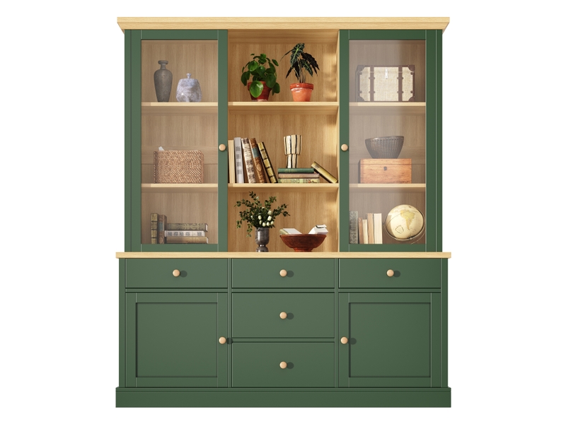  Buffet haut de cuisine 140x40x185 cm, 5 grands tiroirs, portes vitrées, étagères réglables, niches ouvertes, anti-basculement, vert et effet bois  - Conforama A