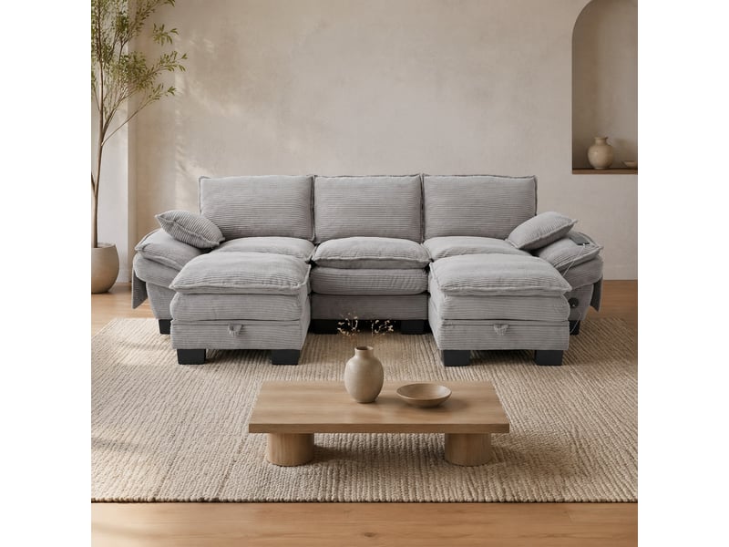 Canapé modulaire 3 places en velours côtelé gris clair avec 2 poufs, port usb-c et poches latérales  - Conforama C