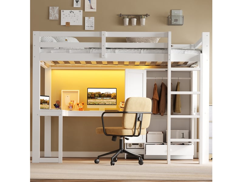  Lit mezzanine 90x200 cm, lit simple avec bureau, armoire, led et usb blanc, sans matelas  - Conforama B