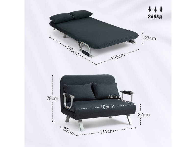  Canapé convertible 2 places avec dossier réglable en 5 positions et coussins, tissu suédé et métal noir  - Conforama D