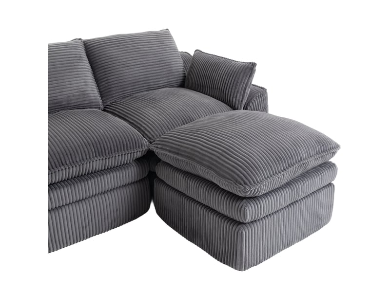 Canapé modulable 3 pl 263x167x85 cm, pouf, coussins, poches de rangement latérales, adapté au salon, chambre, velours côtelé, gris foncé - Conforama E