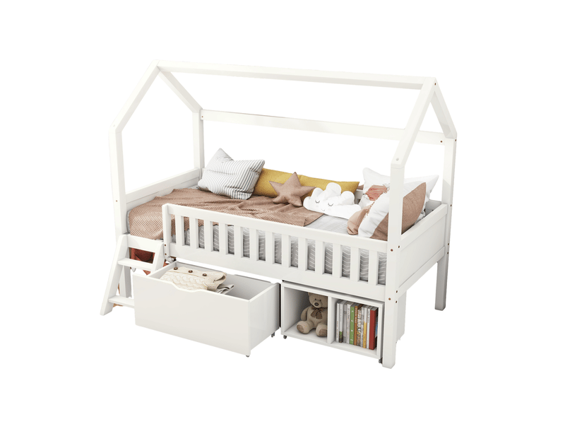  Lit cabane enfant 90x200 cm avec tiroirs, rangements et garde-corps, blanc  - Conforama A
