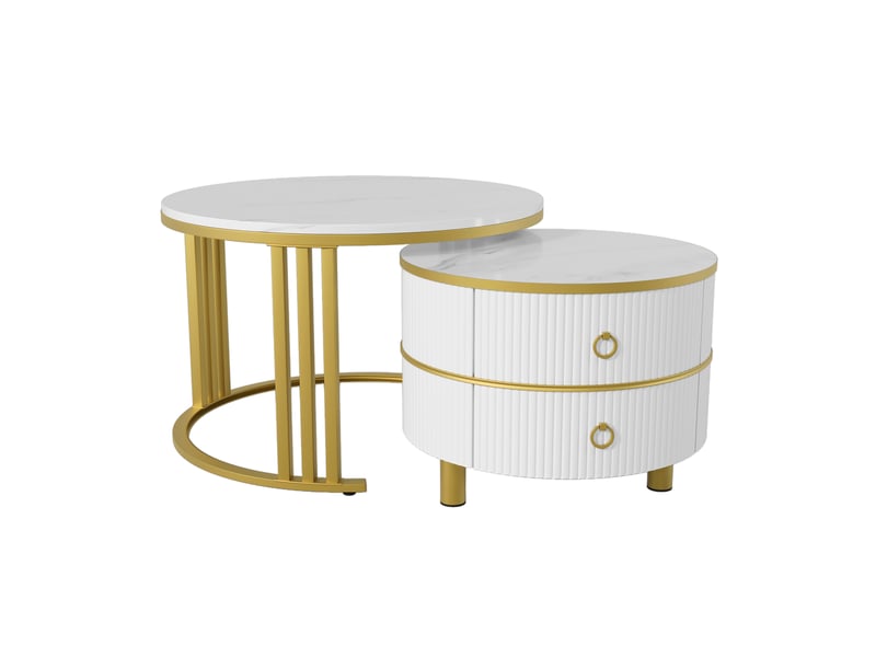  Table basse ronde 2 en 1 en mdf, table d'appoint avec plateau brillant et plateau en marbre blanc, combinaison table basse salon avec 2 tiroirs, 70 x 70 x 46 + 50 x 50 x 40 cm  - Conforama A