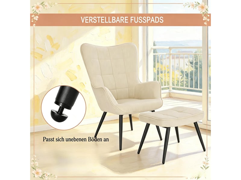  Fauteuil de salon avec repose-pieds 50x49x97cm – lounge chair relax avec dossier haut et pieds en métal – velours côtelé - beige  - Conforama A