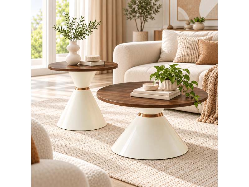  Lot de 2 tables basses rondes, plateau en mdf aspect noyer, structure en métal blanc crème et accents dorés, ø 7050 cm.  - Conforama B