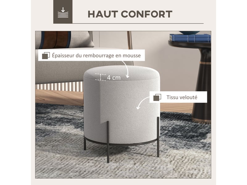  Pouf ottoman tabouret pouf repose-pied en velours pieds en acier pour salon chambre ø 35 x 38 cm gris clair  - Conforama D