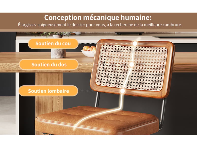  Chaise de salle à manger lot de 2 avec dossier en rotin pe ergonomique et pieds réglables en polyuréthane marron  - Conforama E