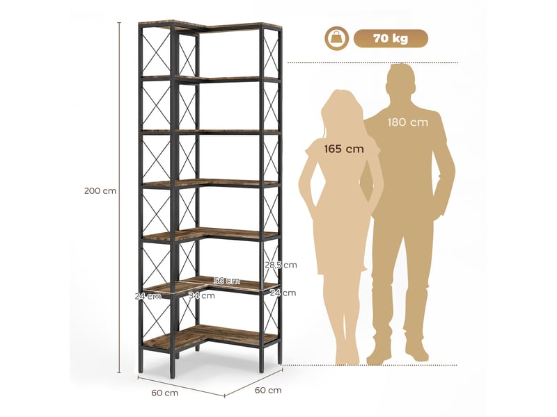  Bibliothèque d'angle à 6 niveaux, meuble de rangement en métal pour salon, chambre, bureau, 60x60x200cm, brun rustique  - Conforama E