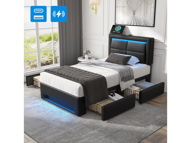  Lit rembourré 90 x 190 cm avec 4 tiroirs, éclairage led, ports usb et recharge sans fil, revêtement pu noir Fay Lum - Conforama B