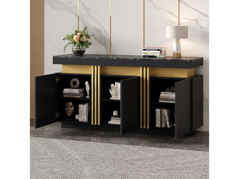  Buffet noir et or bahut 3 portes meuble de rangement 140 cm plateau effet marbre  - Conforama B