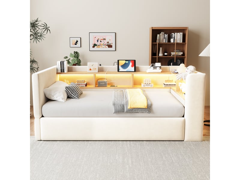  Canapé-lit 90x190 cm, lit enfant, couchage d'appoint, rangement hydraulique, beige, led  - Conforama D