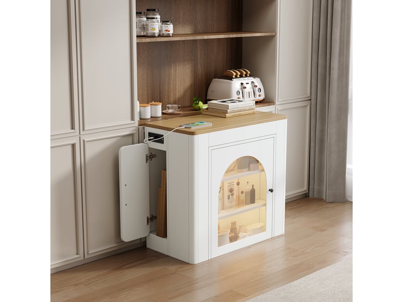 Îlot de cuisine mobile en bois 83x39.6-149.6x77cm avec table extensible à plateaux amovibles,led,usb et usb-c et rangements,mdf,blanc Sol Morn - Conforama E