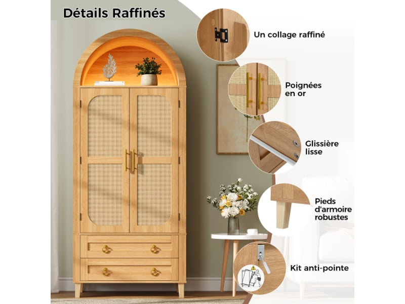 Armoire haute arquée 76x40x179,5 cm naturel, niche led via application, 2 portes effet rotin avec organiseurs, 2 tiroirs, mdf et panneaux - Conforama E