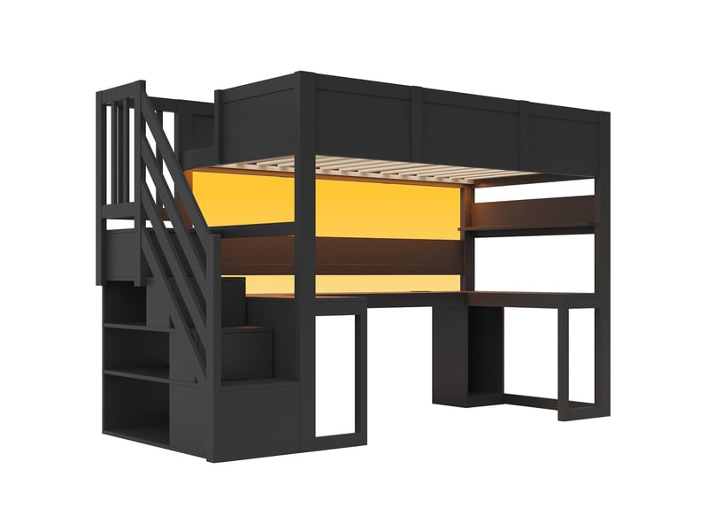 Lit mezzanine gaming 90x200 noir avec bureau, led, usb et escalier rangement - Conforama R