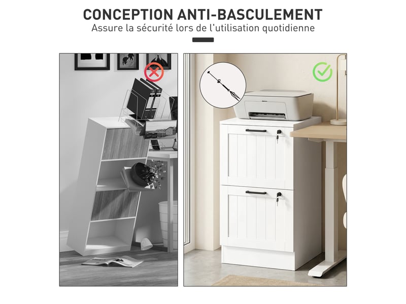  Caisson bureau, meuble rangement bois 2 tiroirs et serrure, barres de suspension réglables, blanc, 40 x 40 x 71 cm  - Conforama W