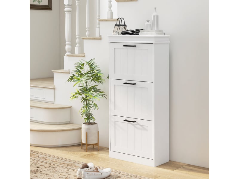  Meuble à chaussures, 3 portes abattants 15 paires, étagères réglables, pour entrée, couloir, 54 x 24 x 117,5 cm, blanc  - Conforama B