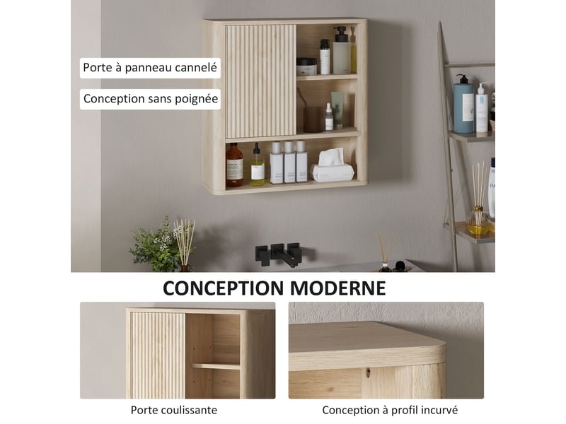  Armoire murale salle de bain avec étagères réglables, bois naturel, porte coulissante et étagères ouvertes  - Conforama R