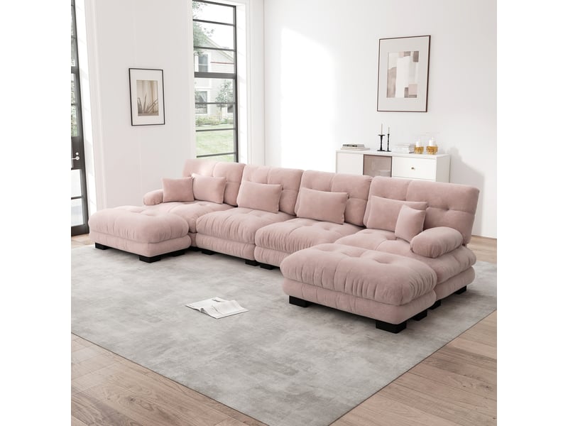 Canapé d'angle, canapé modulable – 4 places, pouf amovible, forme u, style cloud, rose, en chenille - Conforama R