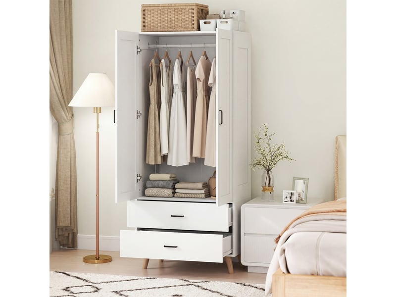  Armoire à 2 portes avec fermeture amortie, 2 tiroirs et tringle à vêtements, 80 x 54 x 180 cm, blanche  - Conforama D