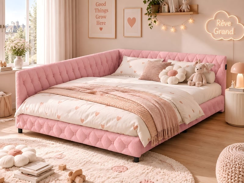  Kefsr lit d'angle 140x200 cm avec éclairage led et ports usbtype-c, lit banquette capitonné en tissu bouclette avec sommier à lattes, lit double, rose  - Conforama B