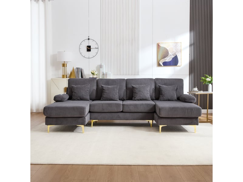  Canapé 4 places d’angle panoramique en velours gris, largeur 265 cm, assise profonde W2845S00150 - Conforama B