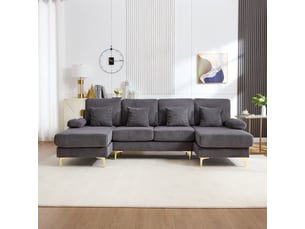 Canapé 4 places d’angle panoramique en velours gris, largeur 265 cm, assise profonde