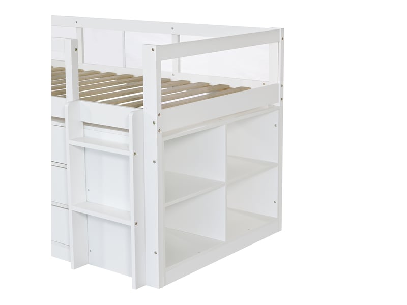  Lit surélevé enfant 90x200 cm blanc bois et mdf, 3 tiroirs, rangements ouverts et protection acrylique  - Conforama E