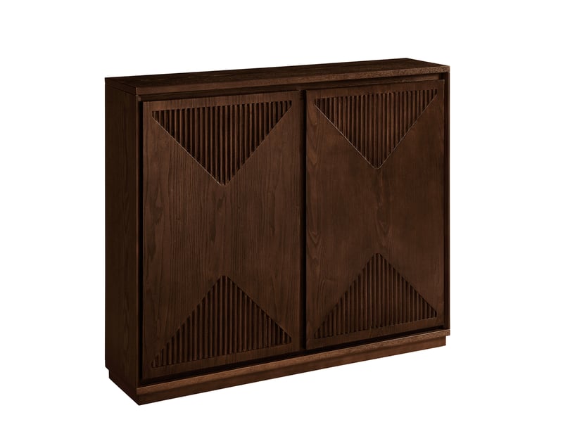  Buffet étroit 99x23,5 cm avec portes à motif chevron, rangement et pieds en bois massif, mdf, style mid-century, effet noyer foncé  - Conforama A