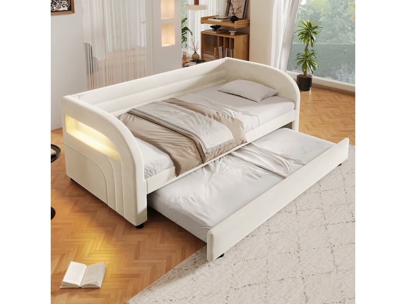  Lit banquette gigogne 90 × 200 cm, revêtement velours et led, beige  - Conforama D