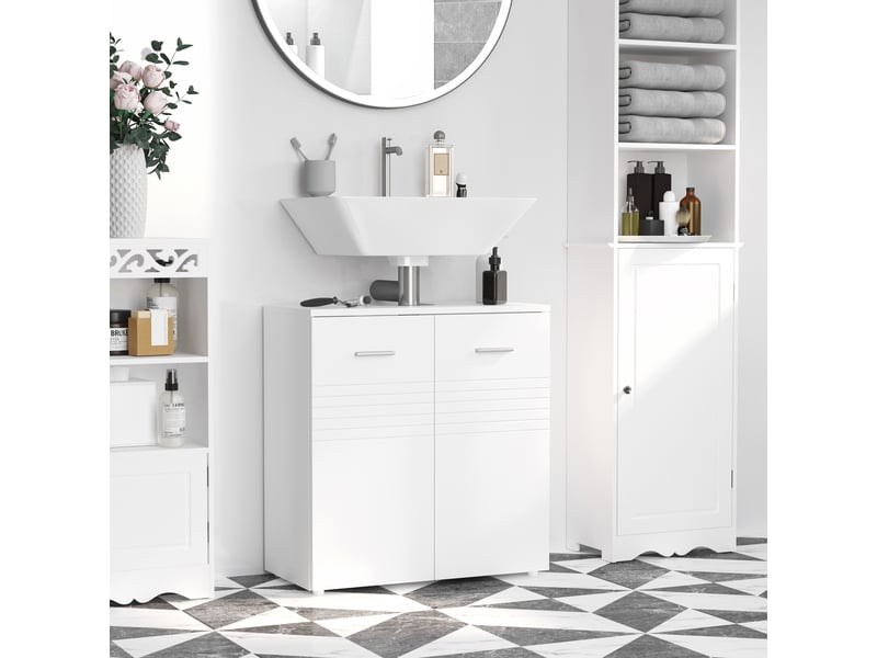 Meuble sous lavabo 2 portes blanc brillant, étagère réglable, 60 x 30 x 62,5 cm  - Conforama C