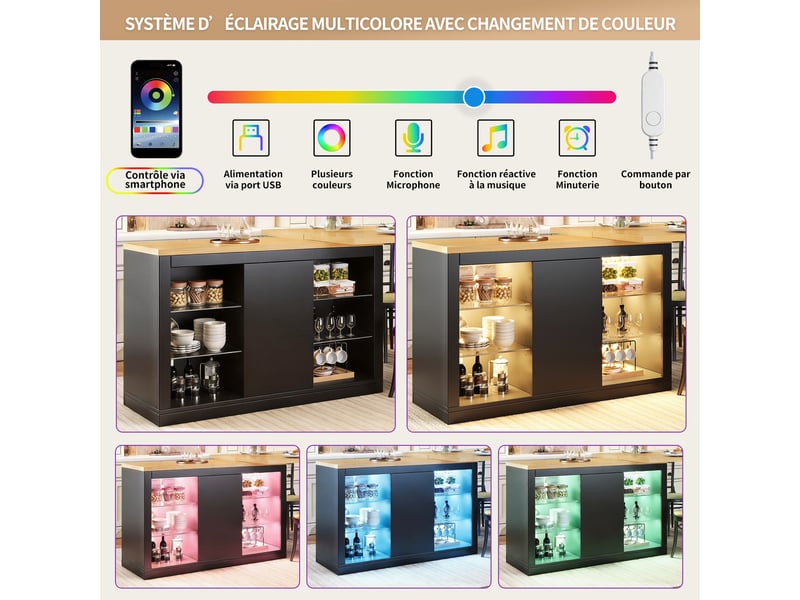 Îlot de cuisine extensible 120–197x40x72 cm avec plateau pivotante 360°, rgb led, rangement vitré et étagère réglables, noir - Conforama E