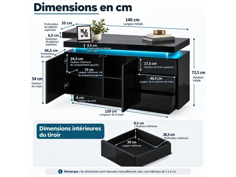 Buffet 140x35x72,5 cm avec led rgb, 2 portes, 3 tiroirs, commande app, haute brillance, noir - Conforama C