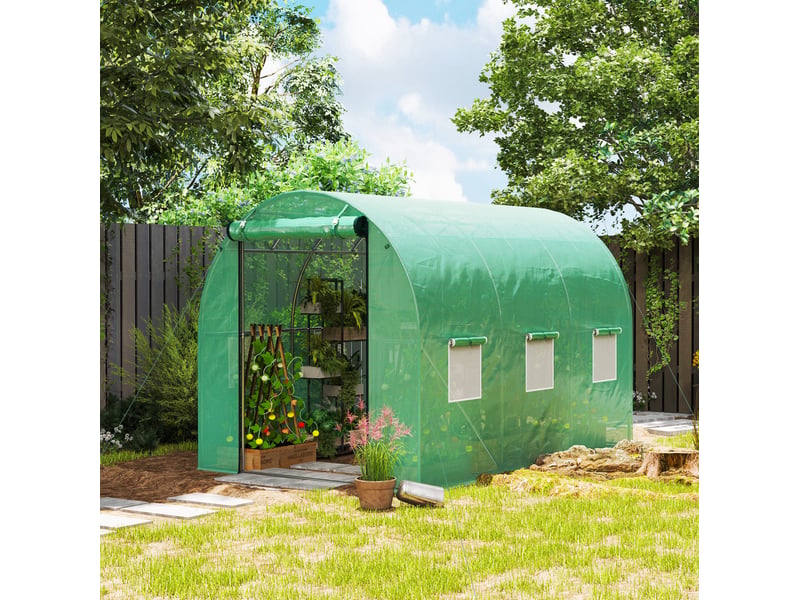  Serre de jardin 300x200x195 cm 6 fenêtres porte enroulable verte  - Conforama C