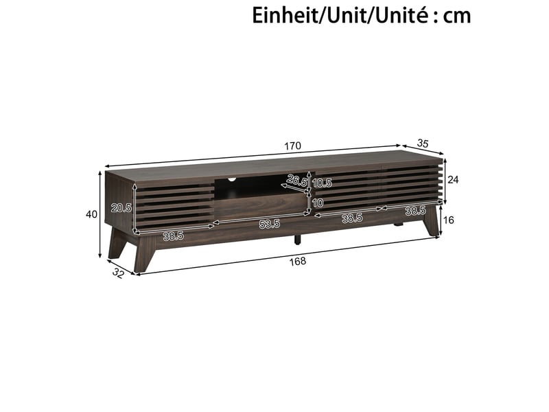  Meuble tv en mdf coloris noyer, 170 x 35 x 40 cm, 3 portes, 1 tiroir et niches ouvertes  - Conforama E