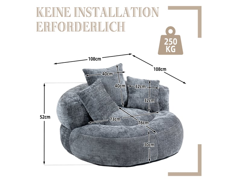  Fauteuil lounge fixe en tissu gris avec 3 coussins, dossier enveloppant et accoudoirs, pour se détendre  - Conforama C