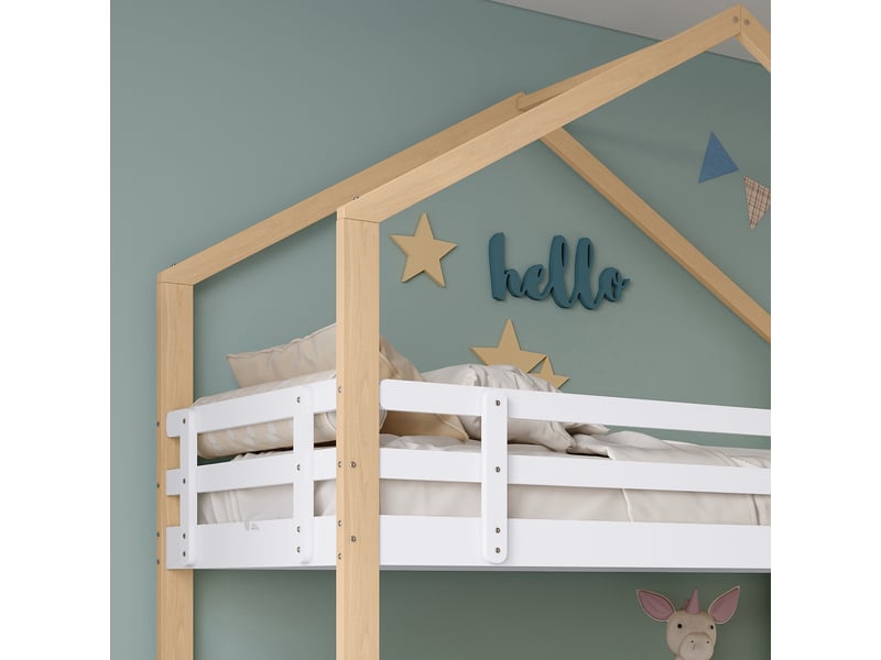  Lit superposé pour enfant, structure massive, tiroirs sous escalier, lit coulissant, 90x200cm&amp;90x190cm, blanc naturel  - Conforama E