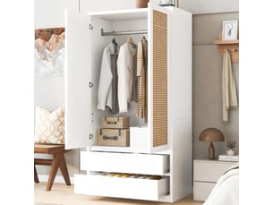 Armoire penderie de chambre 90x50x170 cm - 2 portes - 2 tiroirs - effet rotin - bois et bois reconstitué - blanc