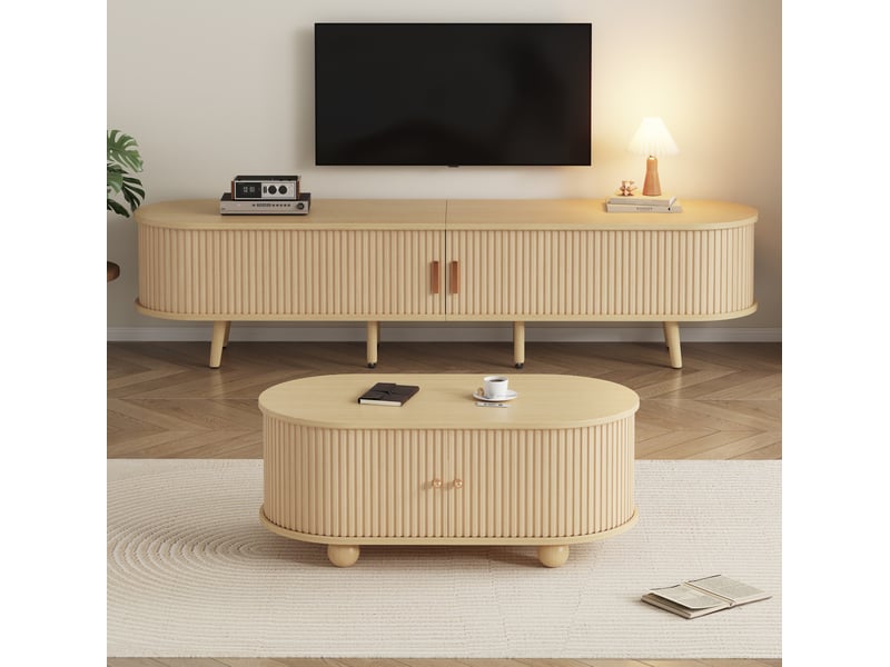  Ensemble meuble tv 170x40x42 cm et table basse ovale 100x50x40 cm, 2 tiroirs, portes coulissantes, mdf, noyer clair  - Conforama D