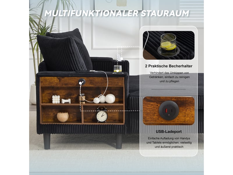  Fauteuil de salon, fauteuil lounge – avec méridienne, avec rangement, éclairage led, port usb, porte-gobelets, poches latérales  - Conforama E
