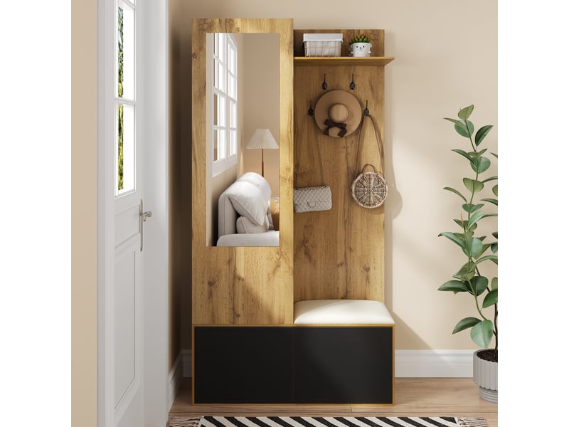 Portemanteau avec banc et rangement 100 x 191 cm en mdf noir et bois - Conforama B