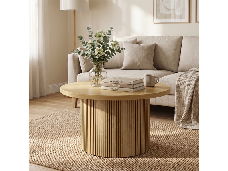  Table basse ronde en bois, table de salon avec piètement cannelé, effet bois naturel, style moderne  - Conforama A