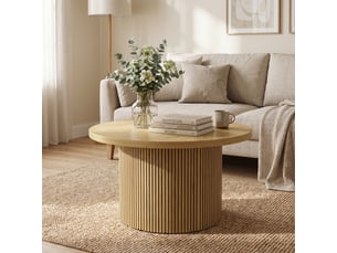 Table basse ronde en bois, table de salon avec piètement cannelé, effet bois naturel, style moderne
