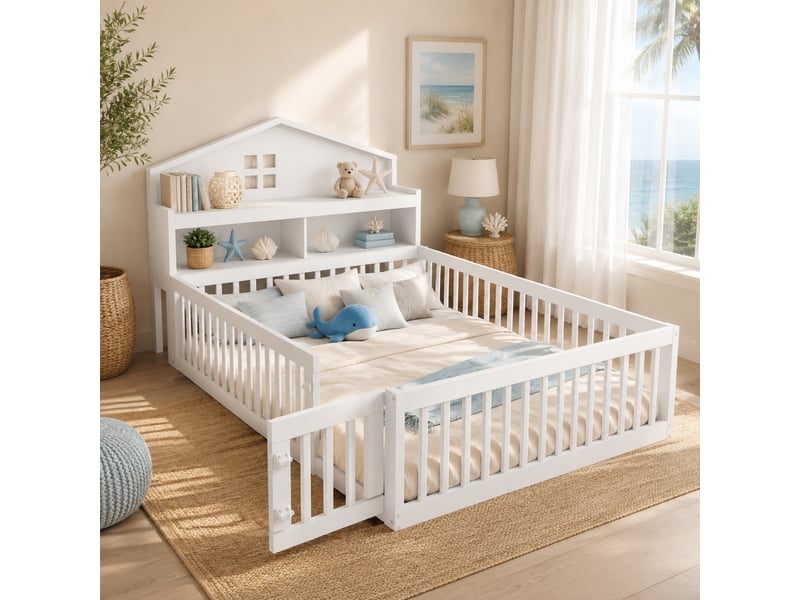  Lit cabane enfant 200×140 cm avec rangements, tableau à craie, barrière et porte, sommier inclus, blanc  - Conforama B