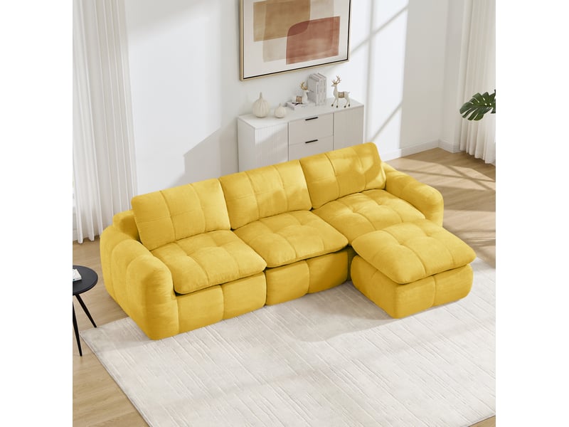  Canapé d'angle réversible 3 places modulaire avec pouf, sans cadre en chenille jaune 264 × 160 × 68 cm  - Conforama E