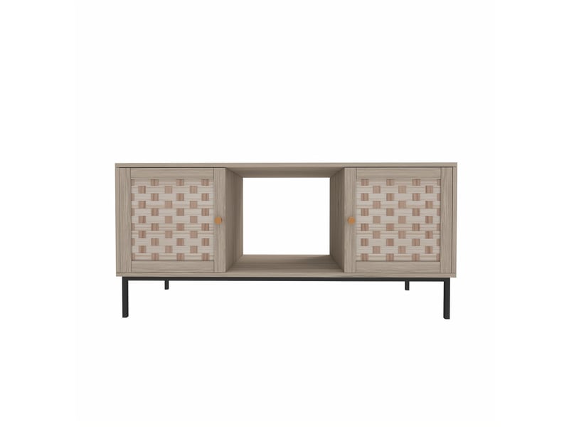  Table basse en bois avec placage effet cannage, table rectangulaire avec 4 portes coulissantes, design symétrique, meuble de rangement pour salon  - Conforama A